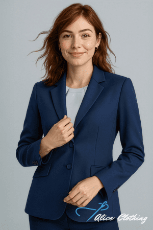 Smiling woman in a navy blazer and light gray top, posing for Alice Clothing product photo.