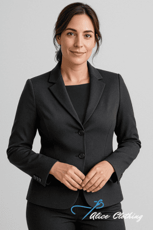 Professional woman wearing a black blazer and matching trousers, standing with hands loosely clasped; neutral studio background.