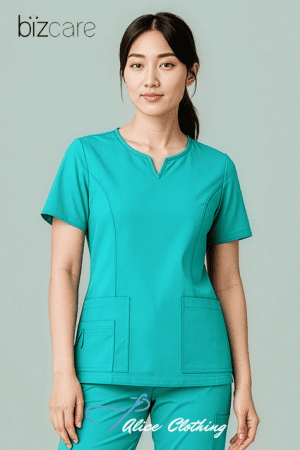 Young woman modeling teal medical scrubs with front pockets, standing against a pale background; BizCare logo top left and Alice Clothing script at bottom.