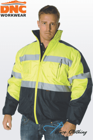 Man modeling a bright neon-yellow and navy safety jacket with reflective bands; DNC Workwear branding in the corner.