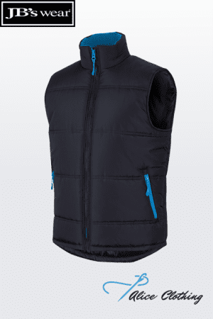 Black sleeveless puffer vest with blue zippers, front zip and side pockets; JB's wear logo top-left, Alice Clothing logo bottom-right.