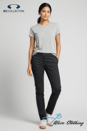 Model standing, wearing a light grey T-shirt and black jeans with hands in pockets; Biz Collection logo top-left and Alice Clothing logo bottom-right.