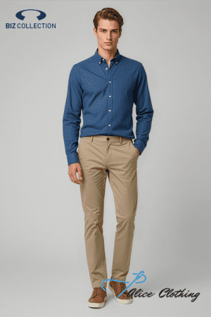 Full-body shot of a male model in a blue button-down shirt and beige chinos, standing with one hand in his pocket; Biz Collection logo top-left and Alice Clothing watermark bottom-right.
