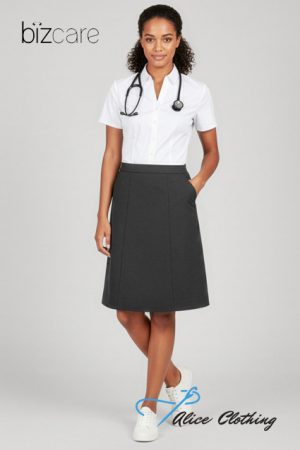 Model wearing a medical uniform: white blouse, dark gray knee-length A-line skirt, and stethoscope, with white sneakers. Bizcare logo in the corner, Alice Clothing watermark nearby.