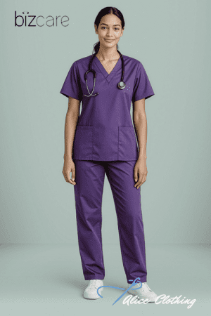 Female model in purple medical scrubs with stethoscope, standing; Bizcare logo top left, Nice-Clothing watermark bottom right.