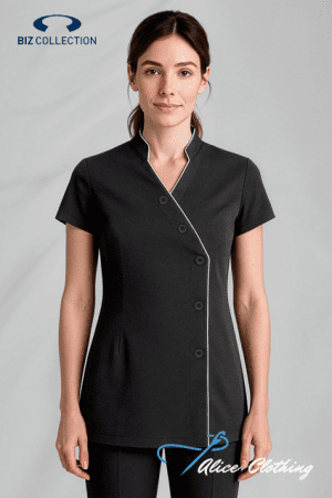 Woman in black wrap-style tunic with diagonal button row and white piping; Biz Collection logo top left, Alice Clothing bottom right.