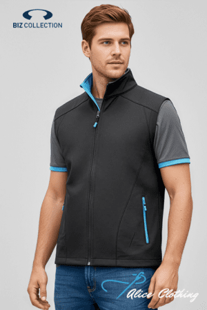 Male model wearing a black zip-front vest with blue accents and gray sleeves; blue zipper pulls, side pockets.