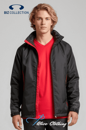Male model wearing a black jacket over a red shirt; Biz Collection logo top left and Alice Clothing at the bottom edge of the image.