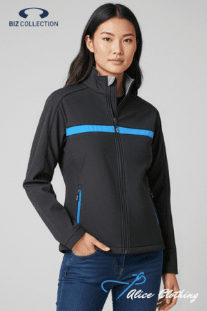 Model wearing a black soft-shell jacket with a bright blue chest stripe and blue zippers, posed against a gray backdrop; Biz Collection logo in the top-left.