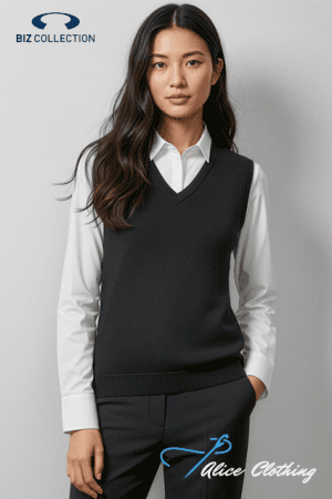 Model wearing a black V-neck sweater vest over a white button-down shirt, standing against a gray background; Biz Collection logo top left and Alice Clothing watermark bottom right.