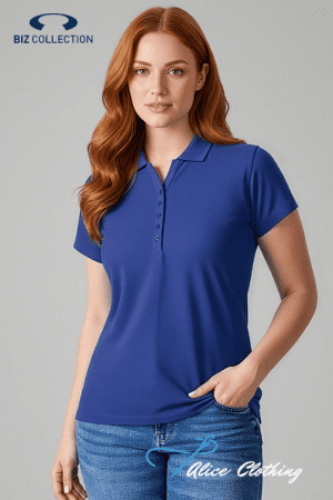 A woman wearing a blue polo shirt with short sleeves, standing against a gray background; Biz Collection and Alice Clothing logos are visible on the image.