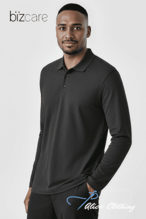 Male model wearing a black long-sleeve polo against a white background, with Bizcare logo top left and Aide Clothing watermark bottom right.