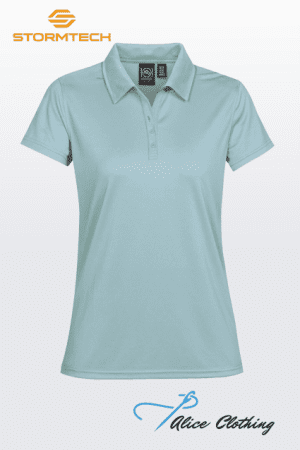 Light blue polo shirt on a white gradient background with the Stormtech logo in the top-left and an Alice Clothing watermark at the bottom.