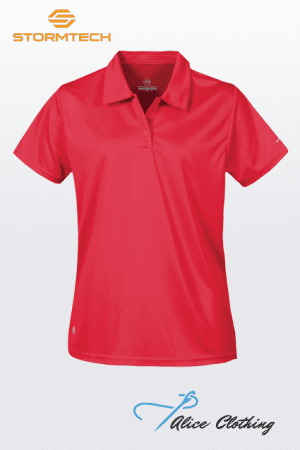 Red polo shirt with short sleeves and a collar on a light gradient background; Stormtech logo in the top-left corner and a 'Alice Clothing' watermark at the bottom.