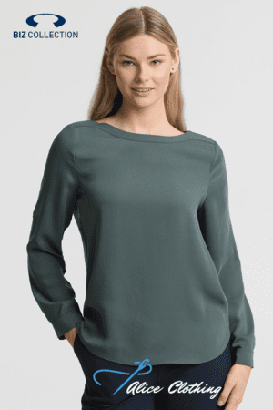 Model wearing a teal long-sleeve blouse; Biz Collection logo top left and Alice Clothing watermark bottom.