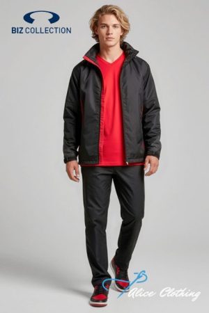 Male model wearing a black windbreaker with red lining over a red shirt, black pants, and red shoes; Biz Collection branding in the corner.