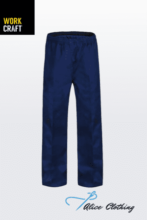 Blue full-length athletic pants with elastic waistband, displayed on white gradient background; brand logos in corners read 'WORK CRAFT' and 'Alice Clothing'