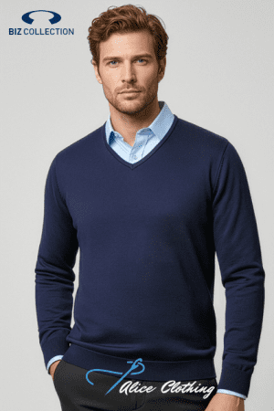 Male model wearing a navy V-neck sweater over a light blue collared shirt, standing against a light gray background; Biz Collection logo top left and Alice Clothing watermark bottom.
