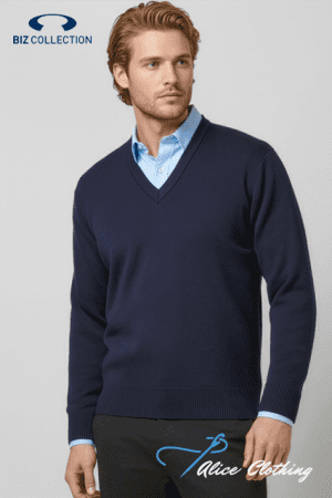 Male model wearing a navy V-neck sweater over a light blue shirt, posing against a gray backdrop; Biz Collection logo top left, Alice Clothing watermark bottom right.