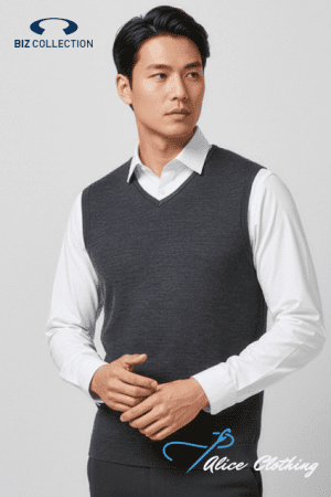 Male model wearing a dark gray V-neck sweater vest over a white dress shirt; Biz Collection logo top left, Alice Clothing watermark bottom right.