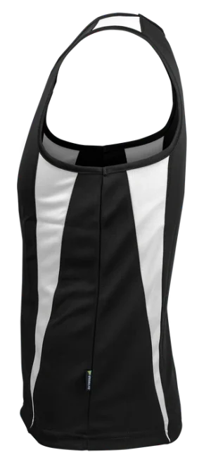 Black sleeveless athletic top with white side panels and a small tag at the hem.