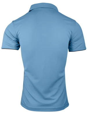 Back view of a light blue polo shirt with short sleeves on a plain background and no visible branding.