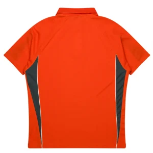 Back view of a bright orange short-sleeve athletic polo shirt with dark side panels and white piping edges on the sides.