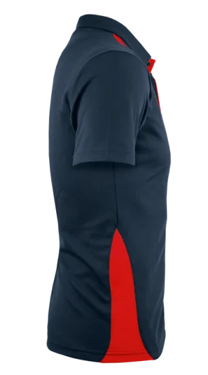 Side view of a navy polo shirt with red side panels and a red collar accent.