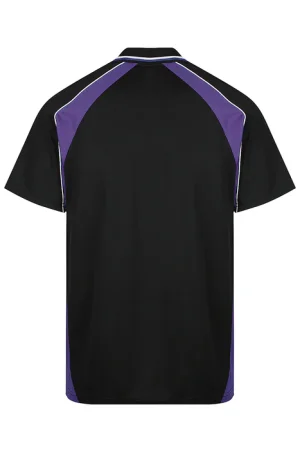 Back view of a black polo shirt with purple panels along the shoulders and sides, and purple trim along the hem and seams.