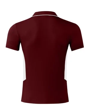 Back view of a maroon short-sleeve polo shirt with white side panels and white trim at the collar; no branding visible.