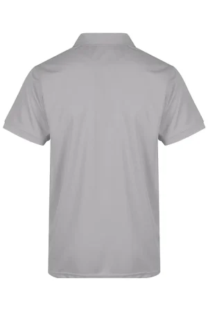 Back view of a plain light-gray polo shirt with short sleeves and a collar.