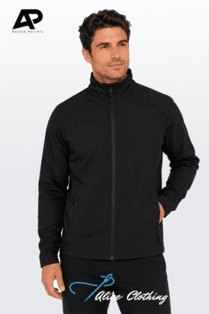 Model wearing a black zip-up jacket with side pockets; Aussie Pacific logo in the top-left and Alive Clothing branding at the lower front.