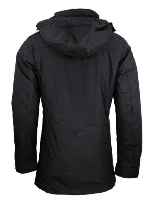 Back view of a black hooded jacket with long sleeves, showing a relaxed fit and windbreaker-style fabric.