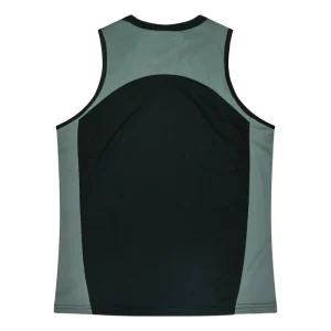 Back view of a sleeveless athletic jersey with gray side panels and a black center panel.