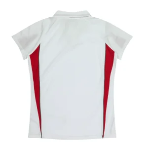 Back view of a white polo shirt with red side panels along the torso edge