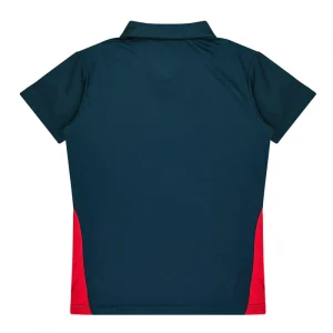 Back view of a navy polo shirt with red side panels on both sides of the waist area