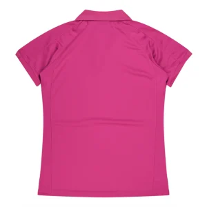 Back view of a bright pink short-sleeve polo shirt with a collar.