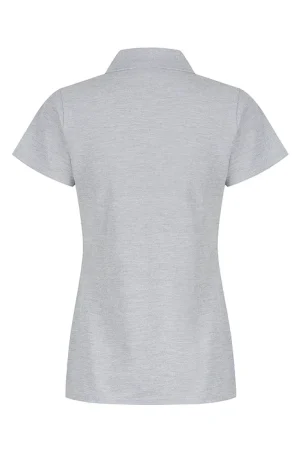 Back view of a light gray short-sleeve polo shirt with a collar.