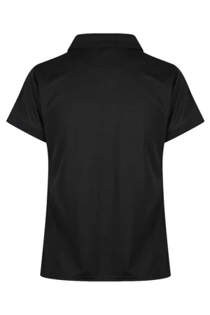 Back view of a plain black polo shirt with short sleeves and collar.
