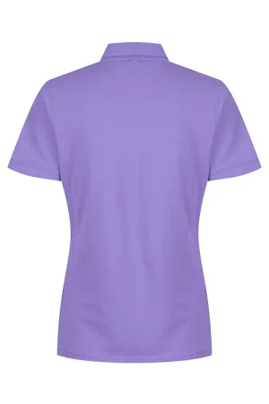 Back view of a lavender short-sleeve polo shirt with a collar.