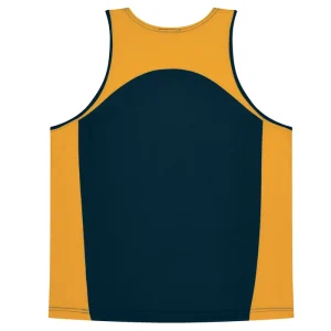 Color-block sleeveless basketball jersey with orange sides and a navy center panel.