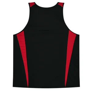 Black sleeveless athletic jersey with red side panels on the front and back sides of the torso.