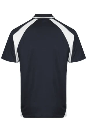 Back view of a navy polo shirt with white shoulder panels.