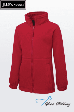 Red zip-up children's jacket with a high collar and side pockets; JB's Wear branding visible in the top left.