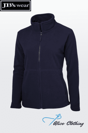 Navy full-zip fleece jacket with a stand-up collar and side pockets on a light gradient background.