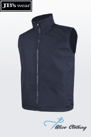 Navy sleeveless zip-up vest on a light gradient backdrop; JB's Wear logo top-left and Alice Clothing logo bottom-right.