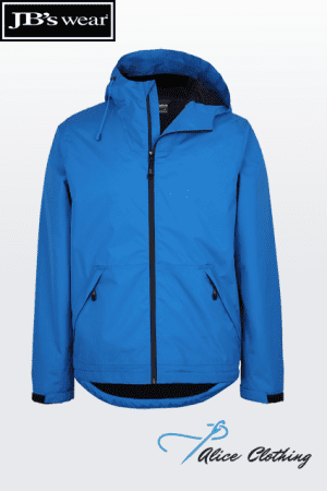 Blue lightweight hooded jacket with front zipper and two zip pockets, stand-up collar, black trim accents.