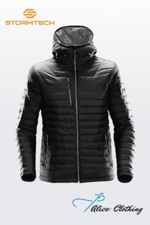 Black hooded puffer jacket with front zip and chest pocket, shown against a light gradient; Stormtech logo in top-left and Alice Clothing logo bottom-right.