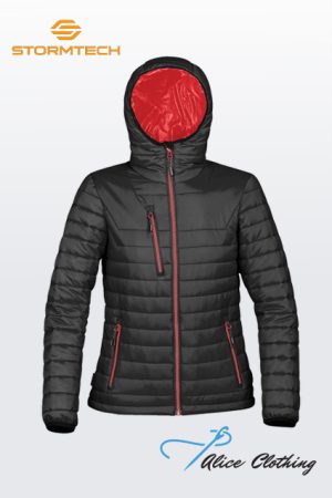 Front view of a black quilted hooded puffer jacket with red zippers and red interior lining.