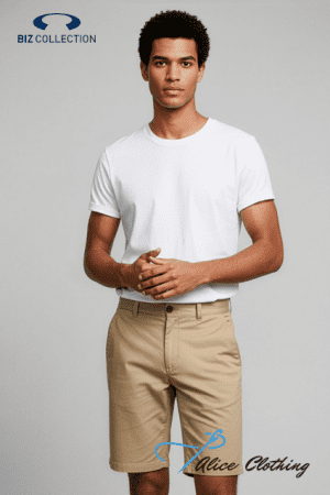 Full-body portrait of a man modeling a casual outfit: white T-shirt and beige shorts, with Biz Collection logo top-left and Alice Clothing watermark bottom-right.